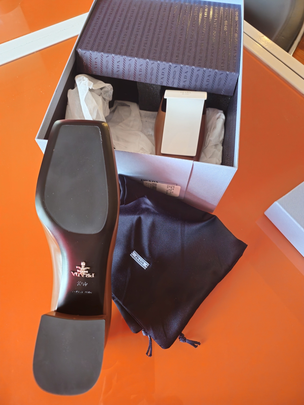 Prada Women’s Tan Leather Square-Toe Flats with Ivory Accents - Picture 2 of 4